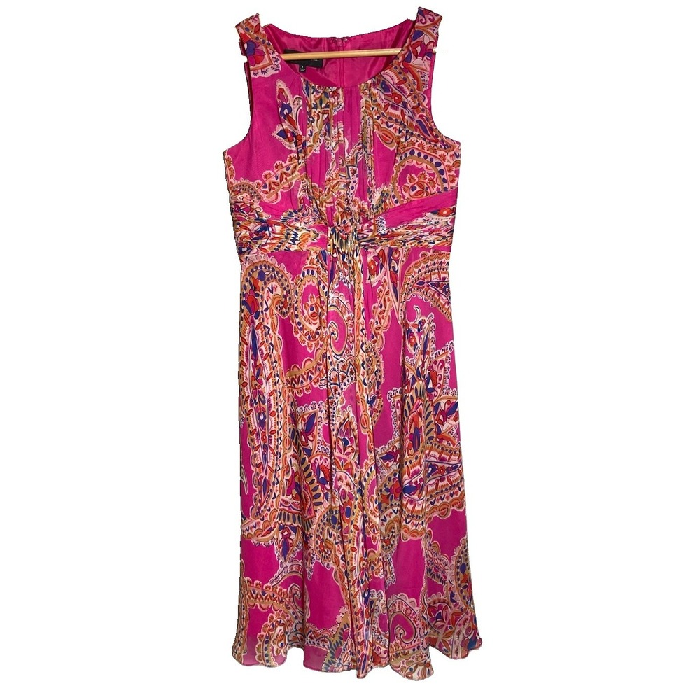 Jones New York Silk Dress Women 4 Pink Paisley Pleated Chiffon Empire Waist Boho